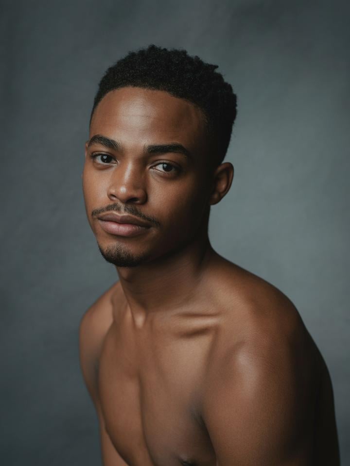 Malik — AI fashion model: Short natural hair, muscular build